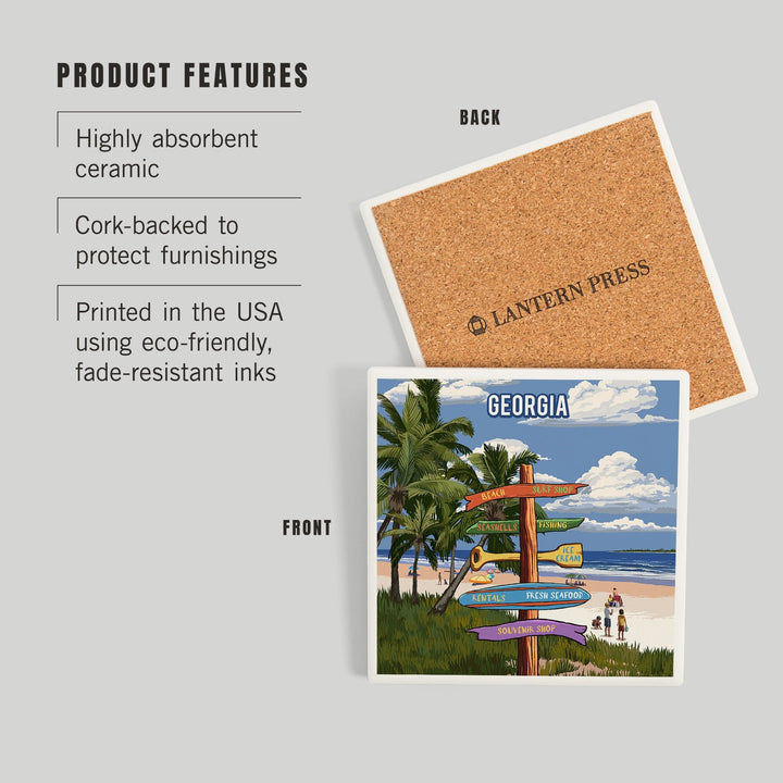 Georgia, Signpost, Coast Beach with Palms, Coasters Coasters Lantern Press 