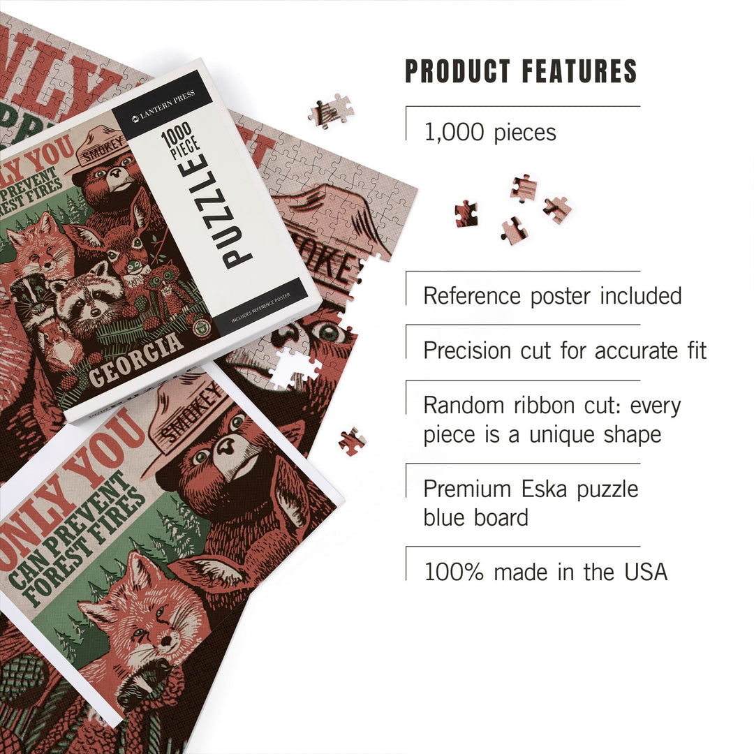 Georgia, Smokey The Bear, Woodland Creatures, Only You Can Prevent Forest Fires, Jigsaw Puzzle Puzzle Lantern Press 