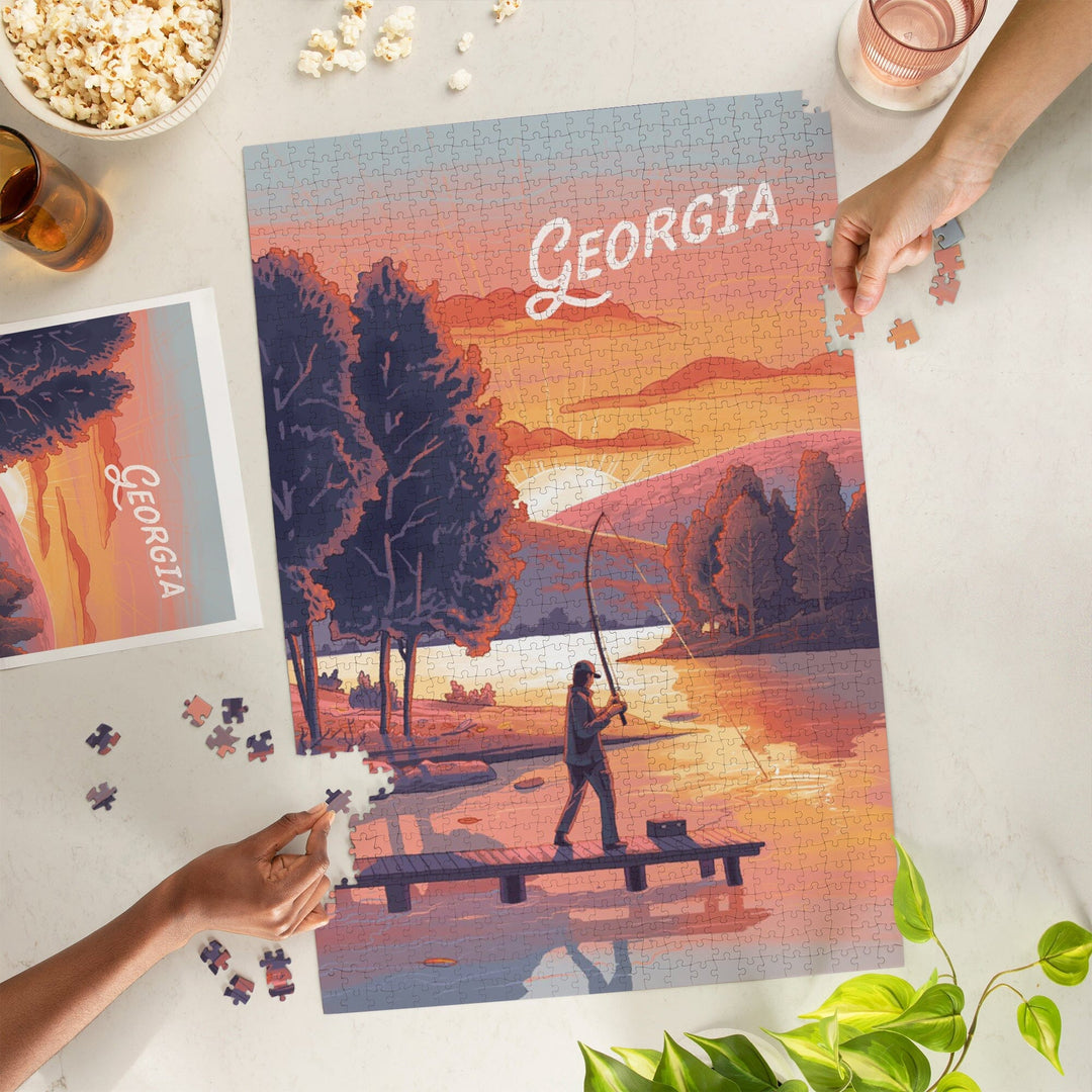 Georgia, This is Living, Fishing with Hills, Jigsaw Puzzle - Lantern Press