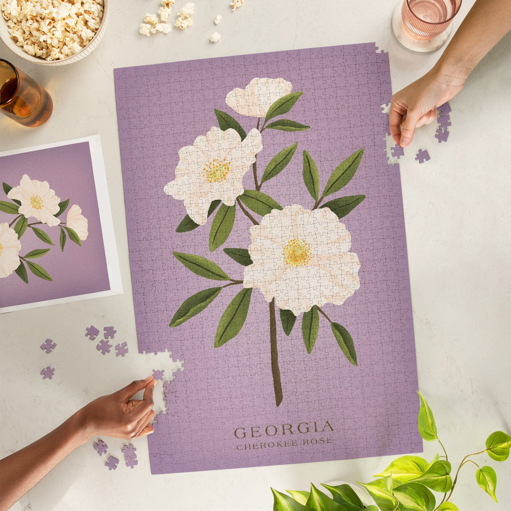 Georgia, Vintage Flora, State Series, Cherokee Rose, Jigsaw Puzzle - Lantern Press