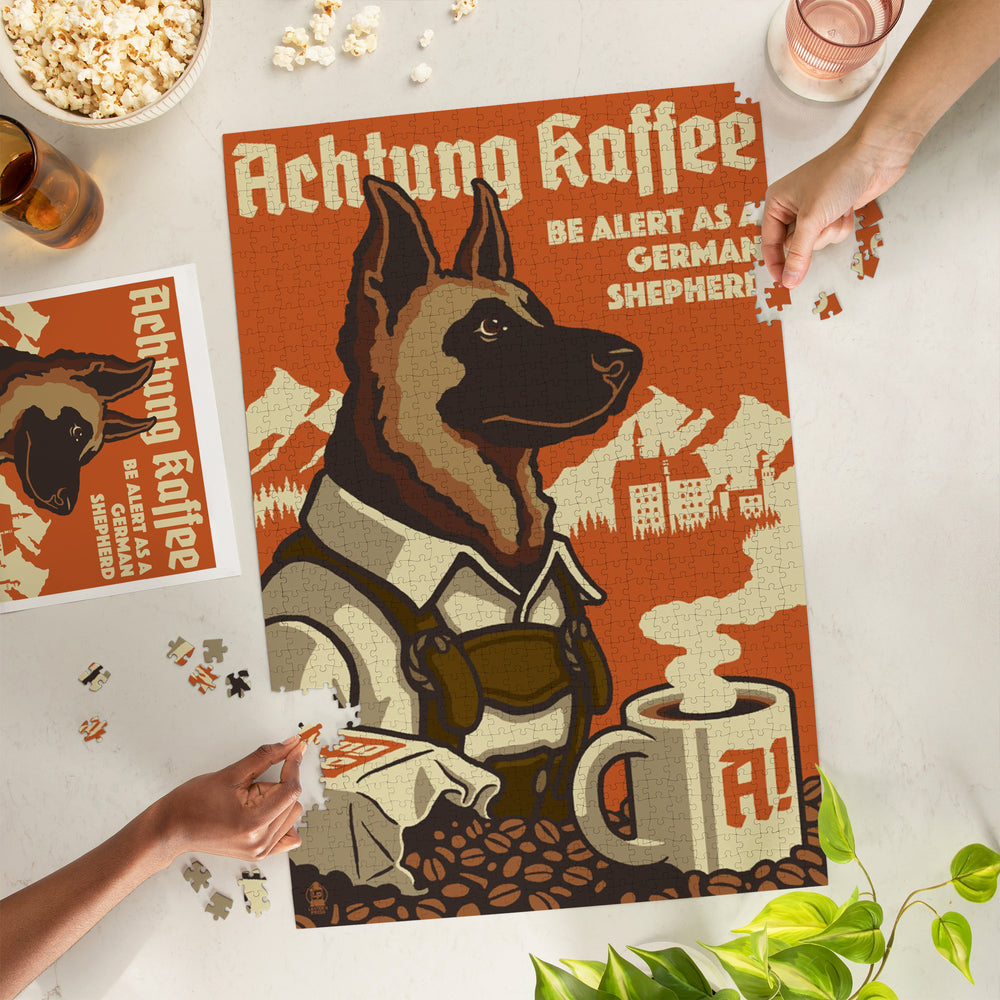 German Shepherd, Retro Coffee Ad, Jigsaw Puzzle Puzzle Lantern Press 