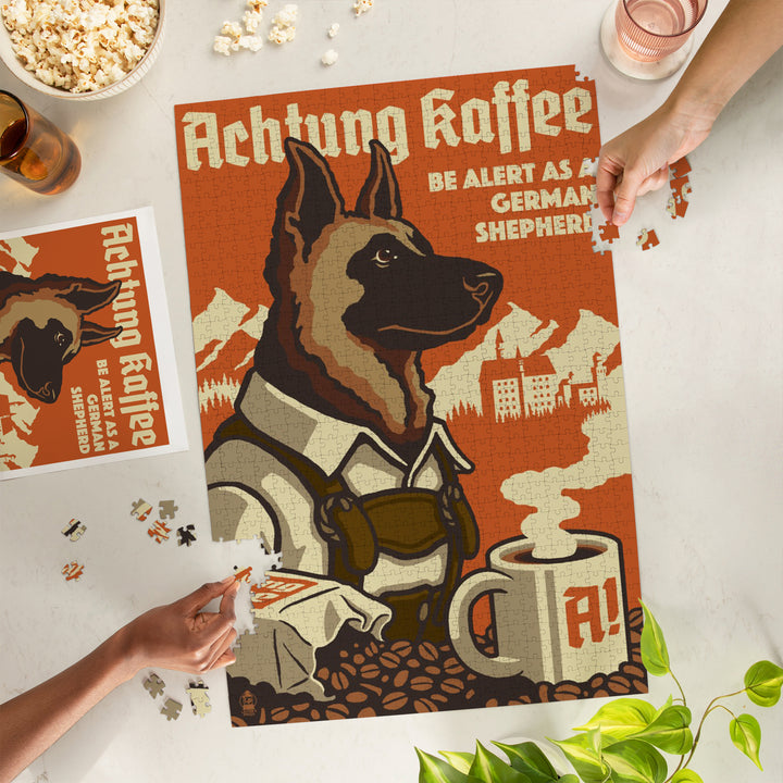 German Shepherd, Retro Coffee Ad, Jigsaw Puzzle Puzzle Lantern Press 