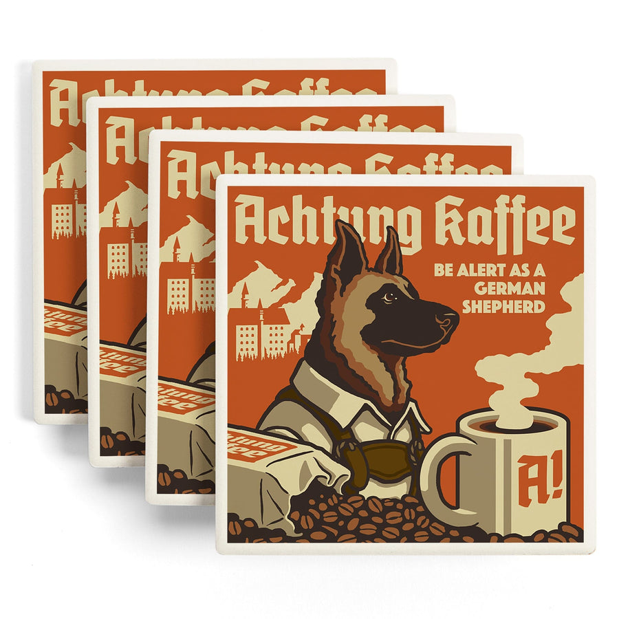 German Shepherd, Retro Coffee Ad, Lantern Press Artwork, Coaster Set - Lantern Press