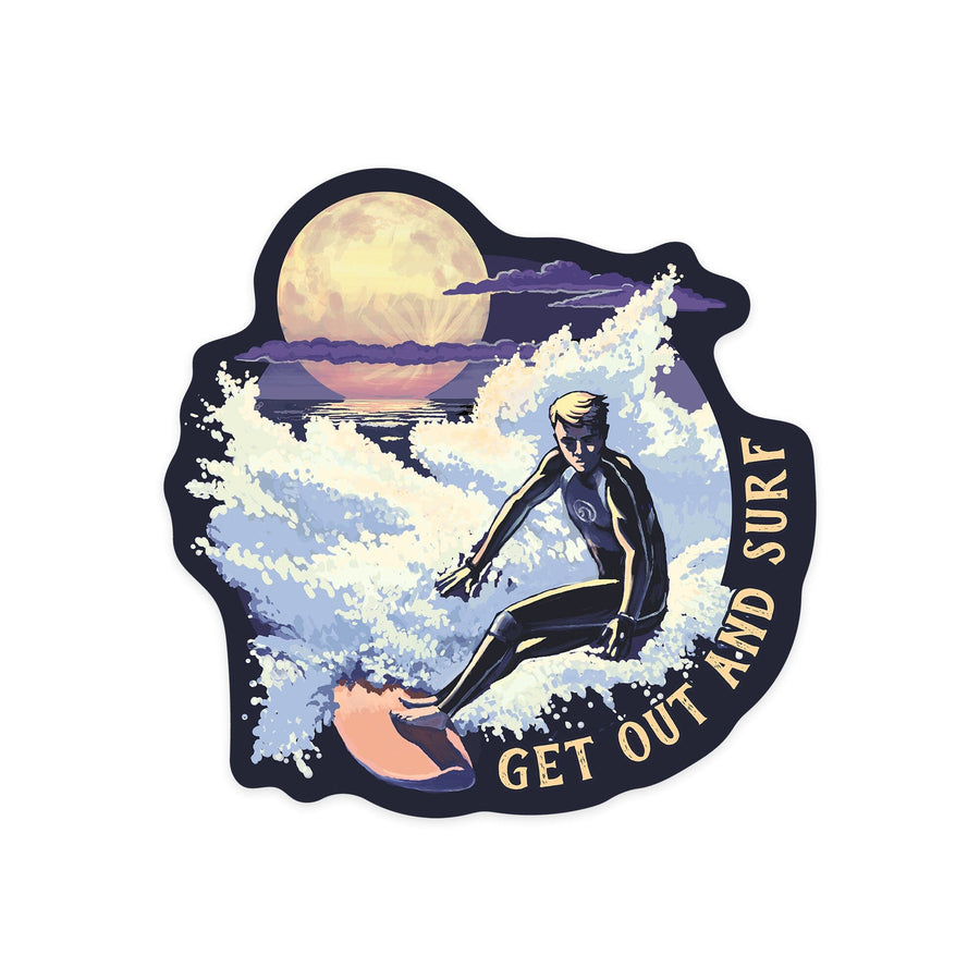 Get Out and Surf, Night Surfer, Contour, Vinyl Sticker Sticker Lantern Press 