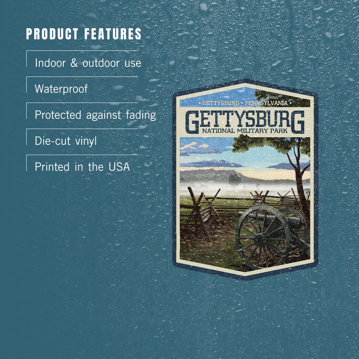 Gettysburg National Military Park, Pennsylvania, Misty Battlefield, Contour, Lantern Press Artwork, Vinyl Sticker Sticker Lantern Press 
