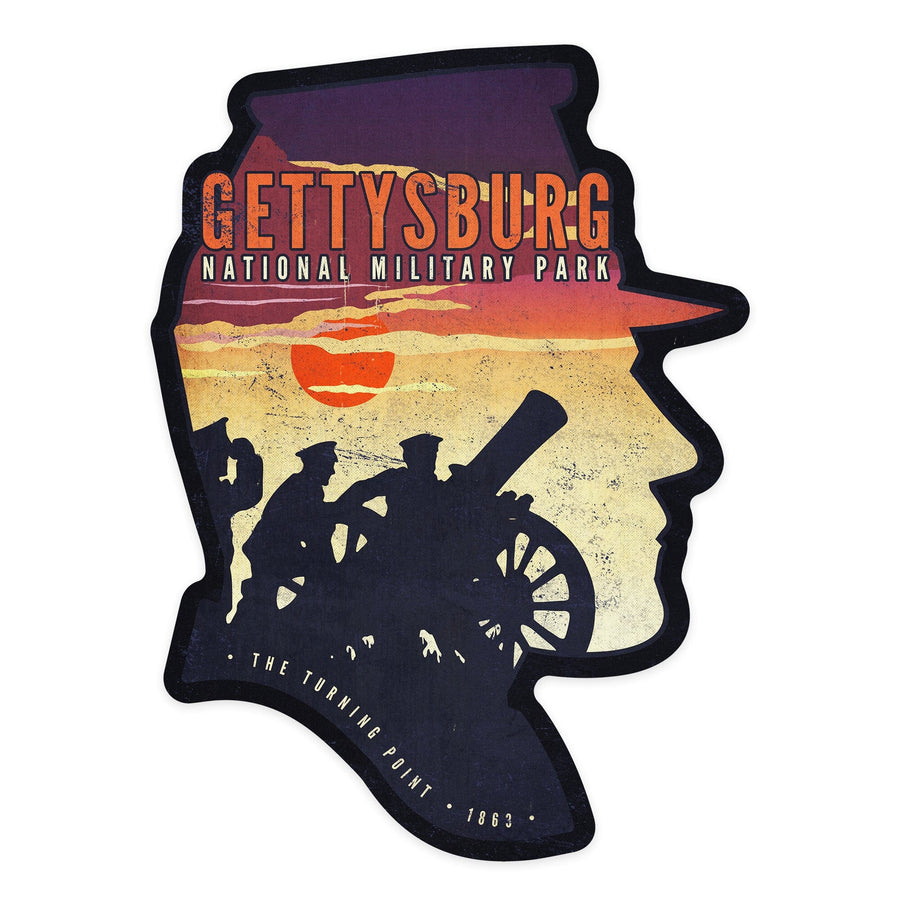 Gettysburg National Military Park, Pennsylvania, Soldiers & Cannons, Contour, Lantern Press Artwork, Vinyl Sticker Sticker Lantern Press 