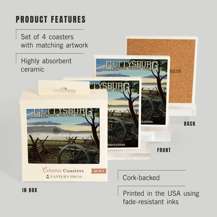 Gettysburg, Pennsylvania, Military Park, Lantern Press Artwork, Coaster Set - Lantern Press