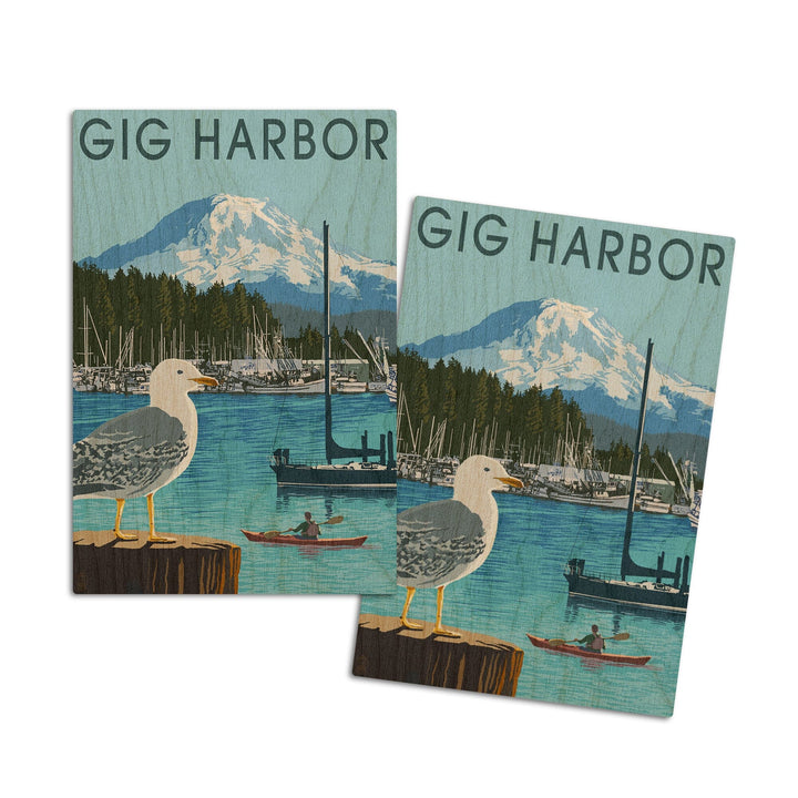 Gig Harbor, Washington, Day Scene, Lantern Press Artwork, Wood Signs and Postcards Wood Lantern Press 4x6 Wood Postcard Set 