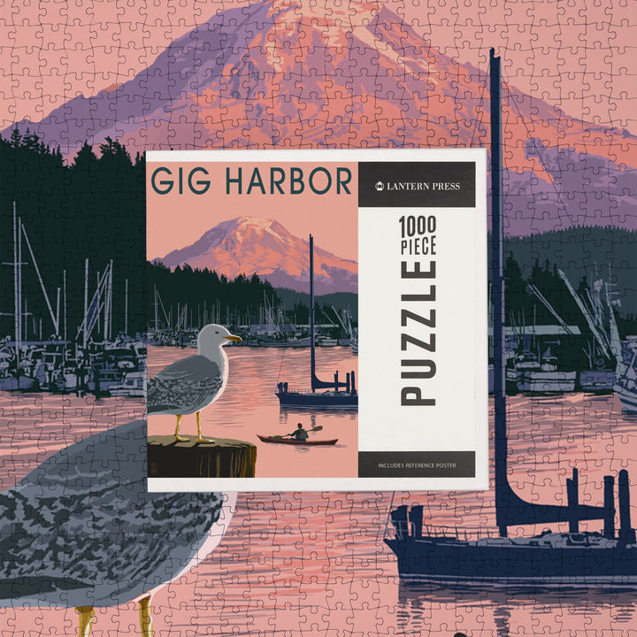 Gig Harbor, Washington, Marina and Rainier at Sunset, Jigsaw Puzzle Puzzle Lantern Press 