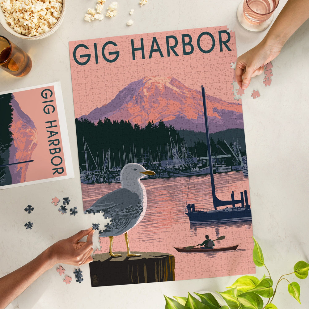 Gig Harbor, Washington, Marina and Rainier at Sunset, Jigsaw Puzzle Puzzle Lantern Press 