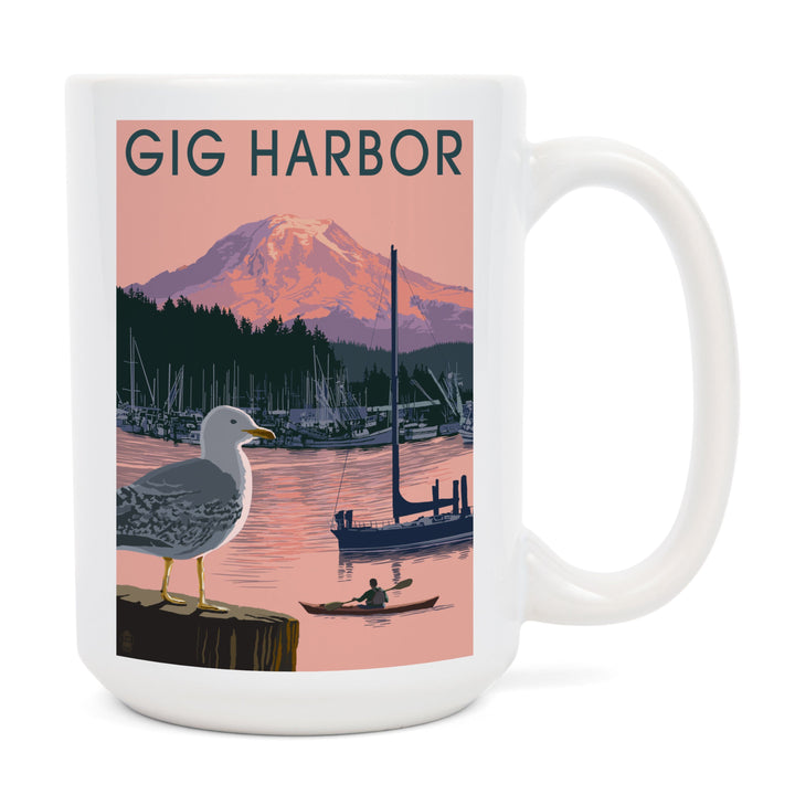 Gig Harbor, Washington, Marina and Rainier at Sunset, Lantern Press Artwork, Ceramic Mug Mugs Lantern Press 