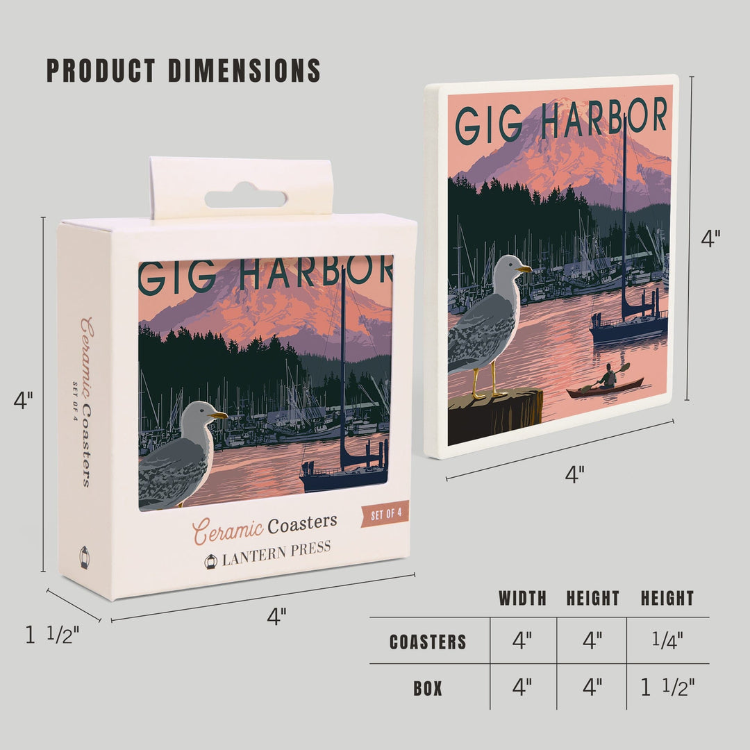 Gig Harbor, Washington, Marina and Rainier at Sunset, Lantern Press Artwork, Coaster Set - Lantern Press