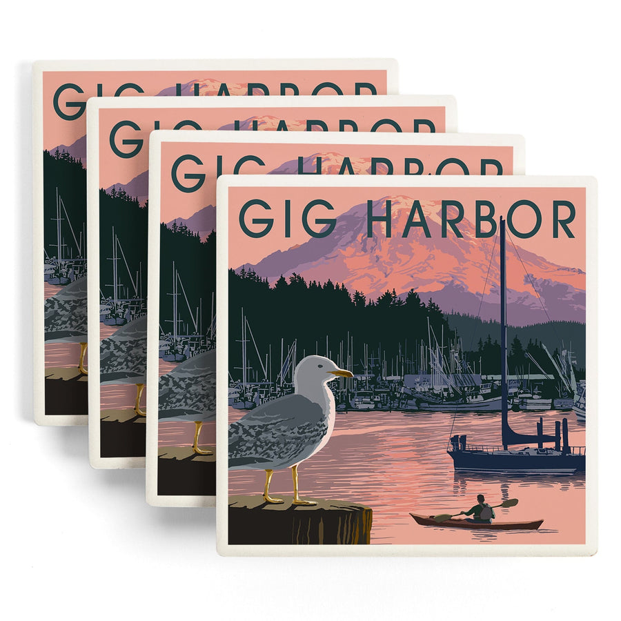 Gig Harbor, Washington, Marina and Rainier at Sunset, Lantern Press Artwork, Coaster Set - Lantern Press