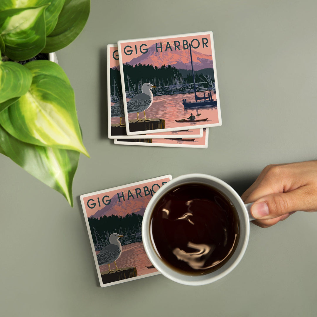 Gig Harbor, Washington, Marina and Rainier at Sunset, Lantern Press Artwork, Coaster Set - Lantern Press