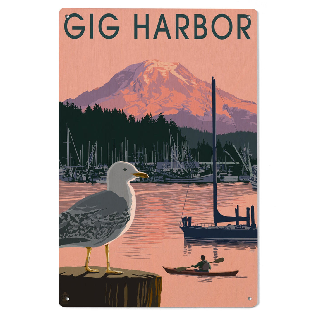 Gig Harbor, Washington, Marina and Rainier at Sunset, Lantern Press Artwork, Wood Signs and Postcards Wood Lantern Press 