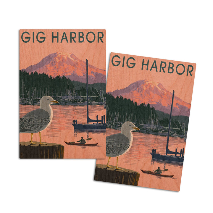 Gig Harbor, Washington, Marina and Rainier at Sunset, Lantern Press Artwork, Wood Signs and Postcards Wood Lantern Press 4x6 Wood Postcard Set 