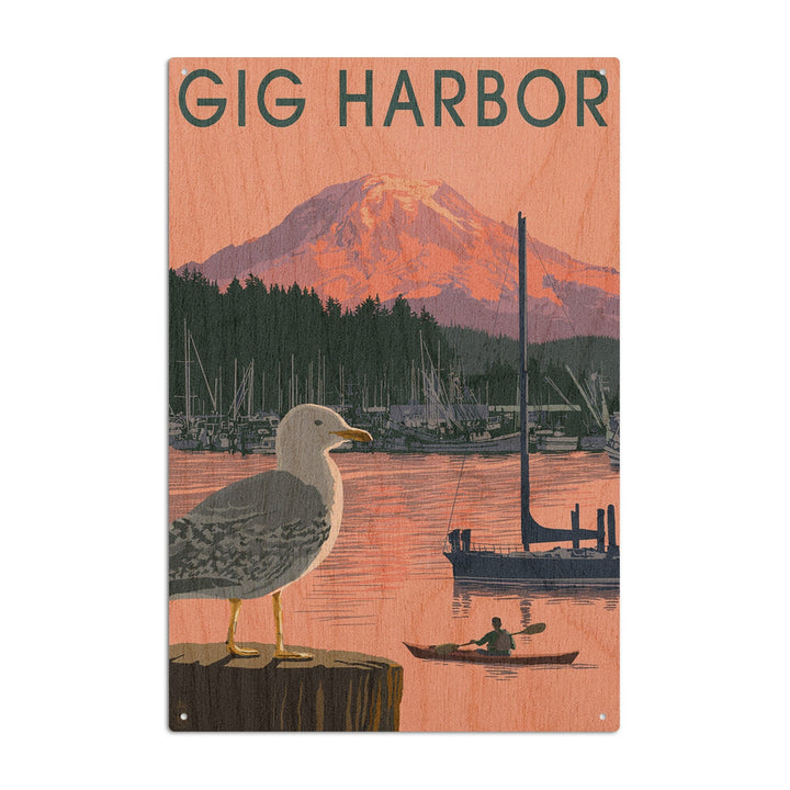 Gig Harbor, Washington, Marina and Rainier at Sunset, Lantern Press Artwork, Wood Signs and Postcards Wood Lantern Press 6x9 Wood Sign 