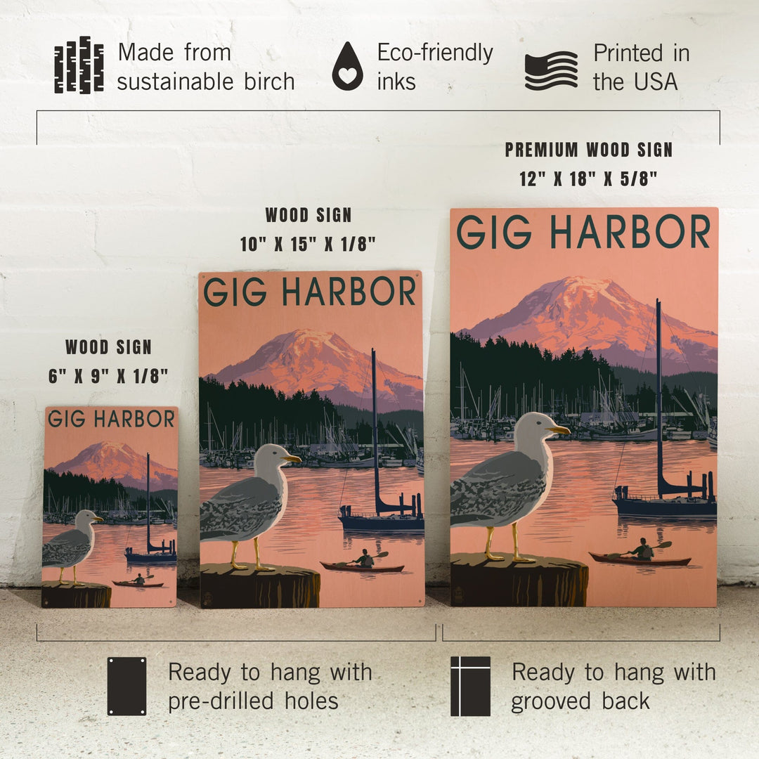Gig Harbor, Washington, Marina and Rainier at Sunset, Lantern Press Artwork, Wood Signs and Postcards Wood Lantern Press 