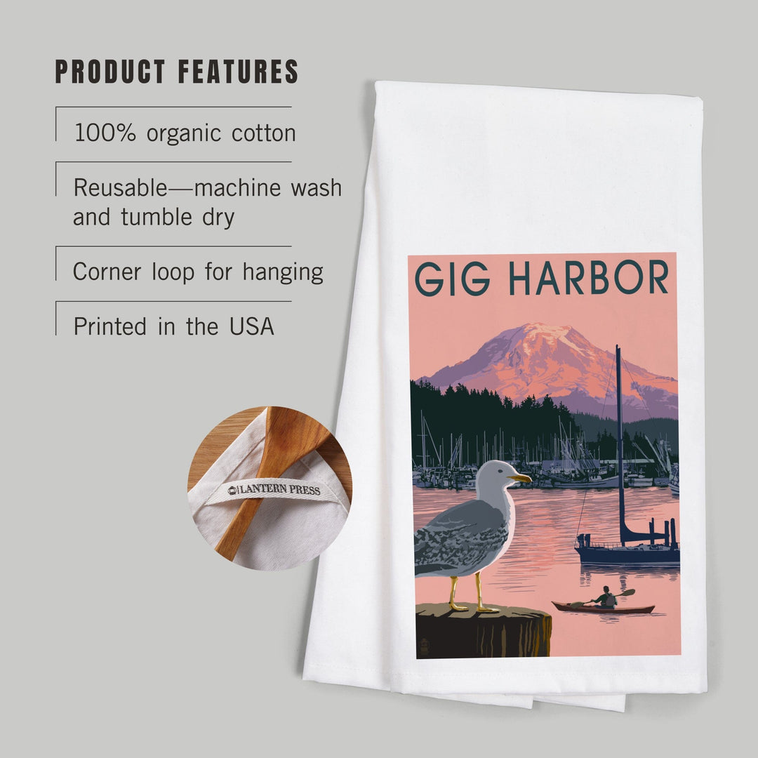 Gig Harbor, Washington, Marina and Rainier at Sunset, Organic Cotton Kitchen Tea Towels Kitchen Lantern Press 