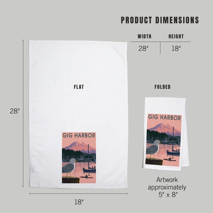 Gig Harbor, Washington, Marina and Rainier at Sunset, Organic Cotton Kitchen Tea Towels Kitchen Lantern Press 