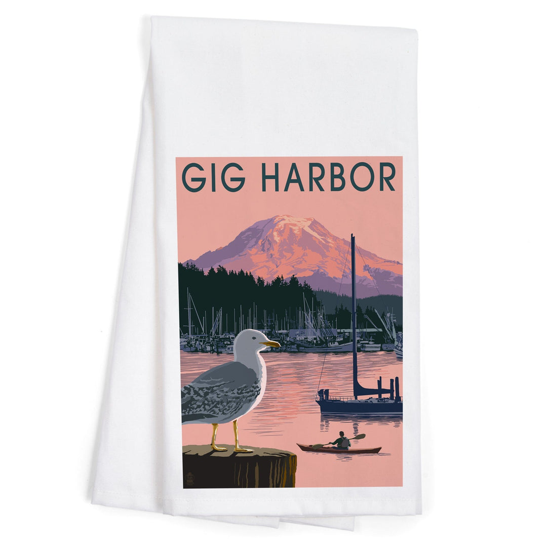 Gig Harbor, Washington, Marina and Rainier at Sunset, Organic Cotton Kitchen Tea Towels Kitchen Lantern Press 