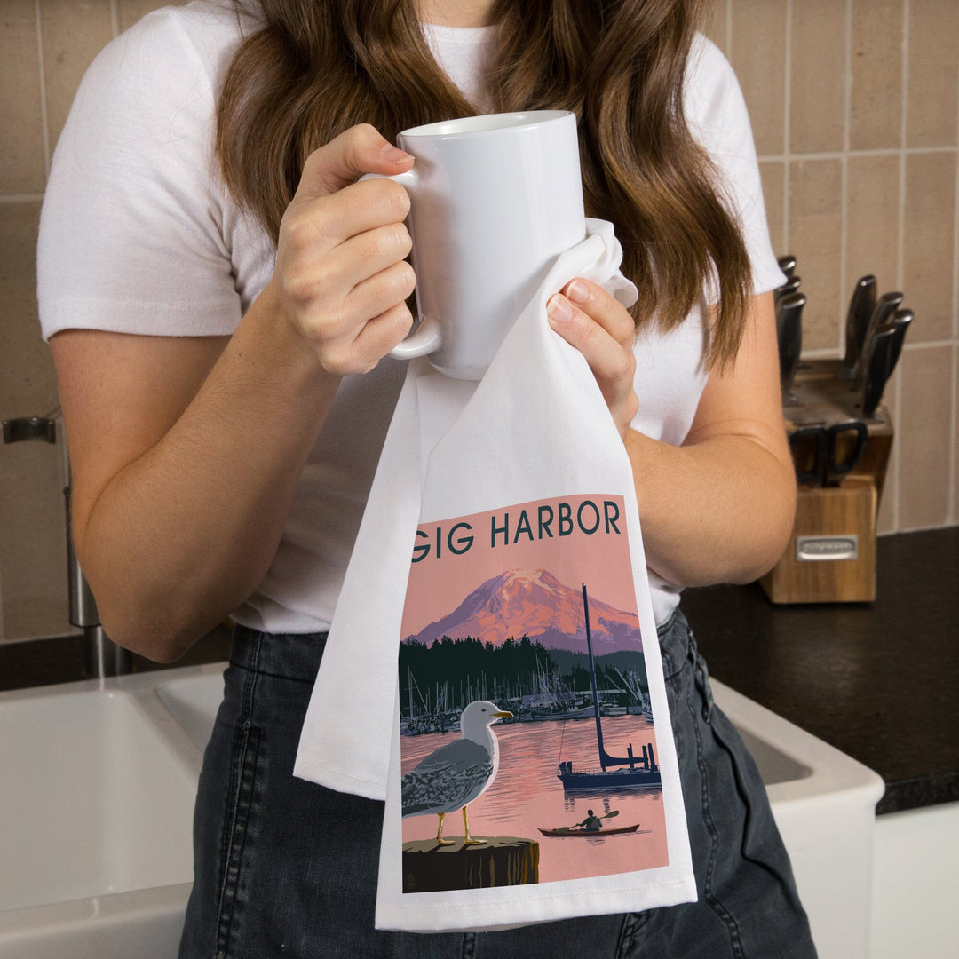Gig Harbor, Washington, Marina and Rainier at Sunset, Organic Cotton Kitchen Tea Towels Kitchen Lantern Press 