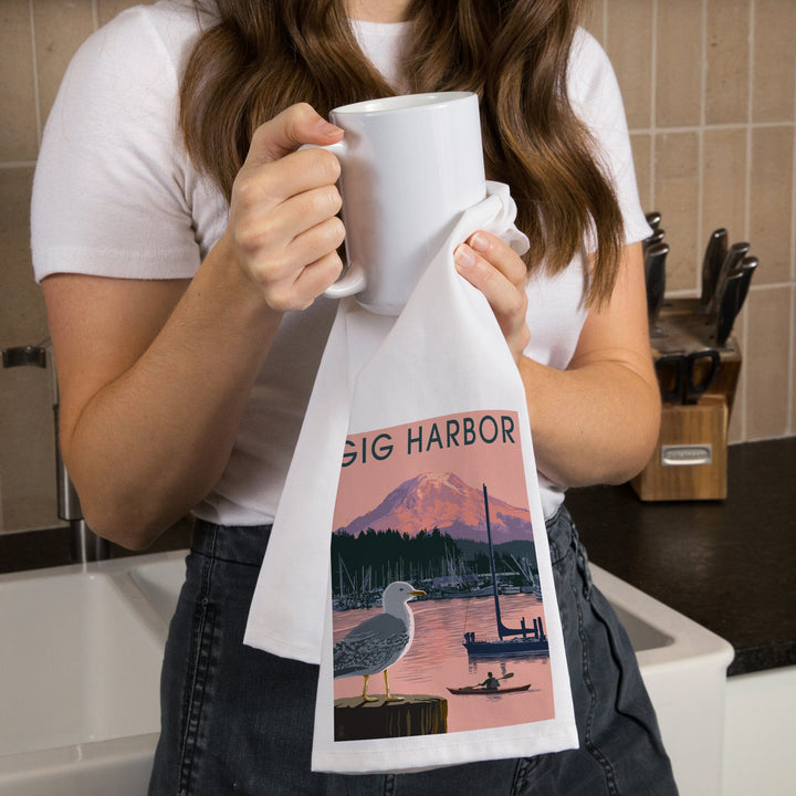 Gig Harbor, Washington, Marina and Rainier at Sunset, Organic Cotton Kitchen Tea Towels Kitchen Lantern Press 