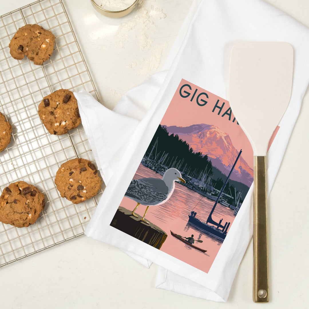 Gig Harbor, Washington, Marina and Rainier at Sunset, Organic Cotton Kitchen Tea Towels Kitchen Lantern Press 