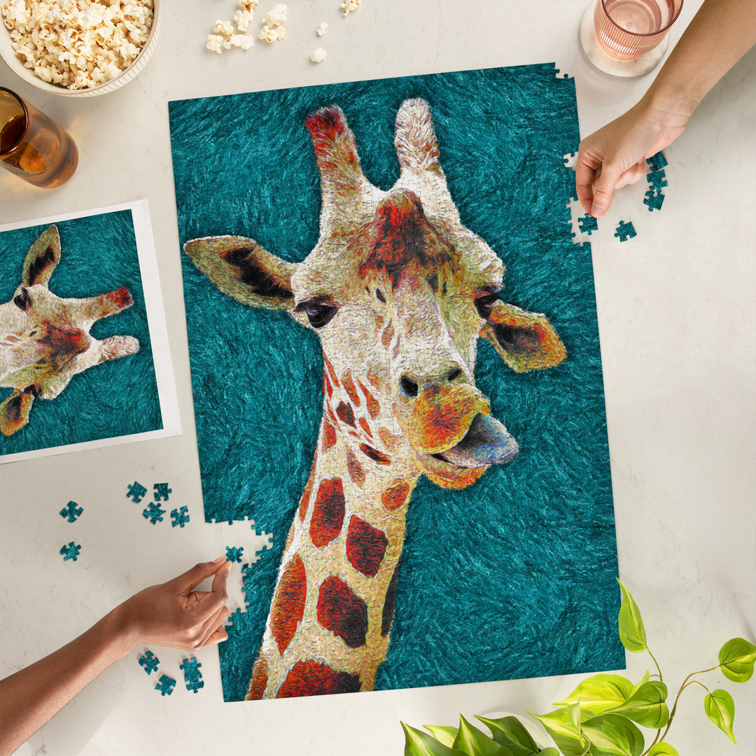Giraffe with Tongue Out, Van Gogh Style, Jigsaw Puzzle Puzzle Lantern Press 