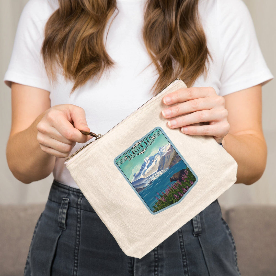 Glacier Bay National Park and Preserve, Alaska, Lithograph National Park Series,, Organic Cotton Zipper Pouch, Go Bag Go Bag Lantern Press 