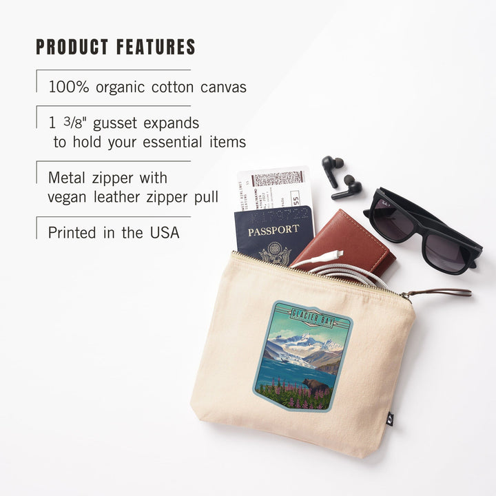 Glacier Bay National Park and Preserve, Alaska, Lithograph National Park Series,, Organic Cotton Zipper Pouch, Go Bag Go Bag Lantern Press 