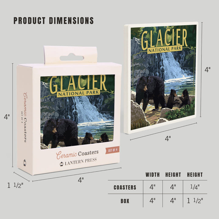 Glacier National Park, Bear Family and Waterfall, Coasters Coasters Lantern Press 