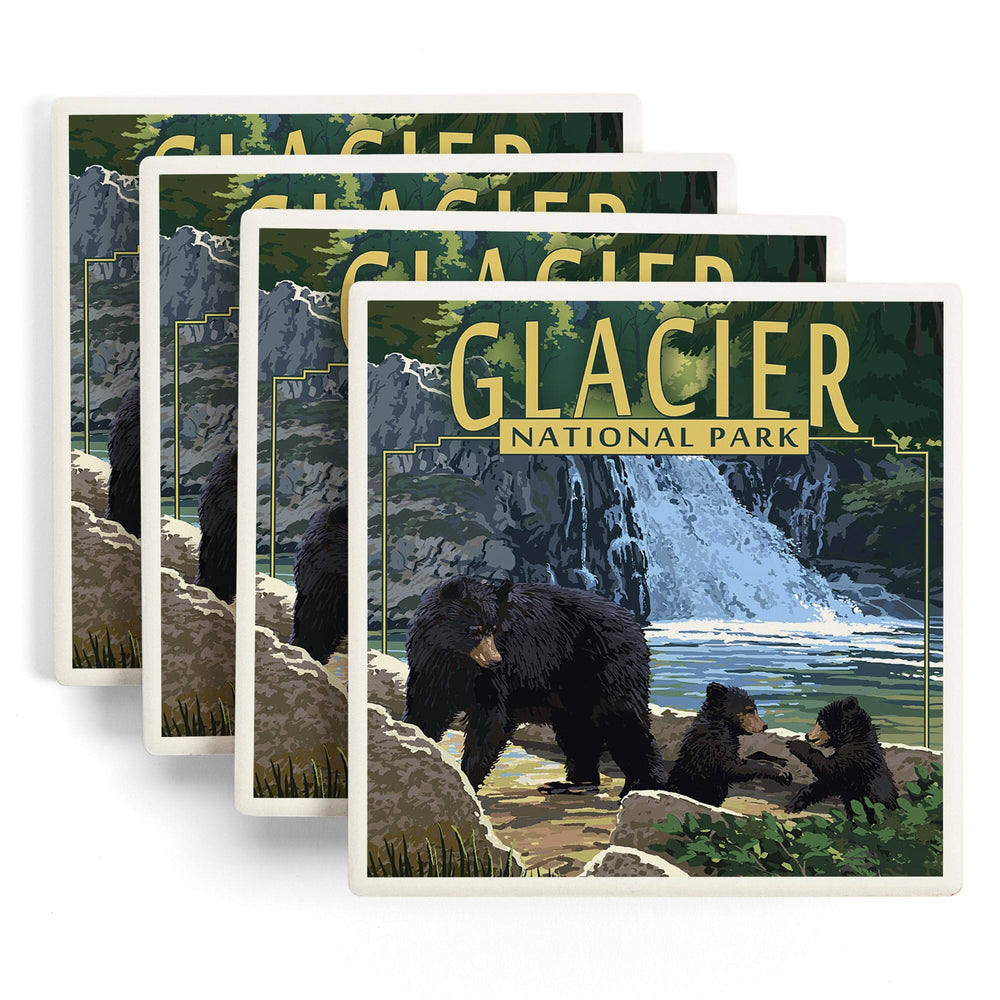 Glacier National Park, Bear Family and Waterfall, Coasters Coasters Lantern Press 