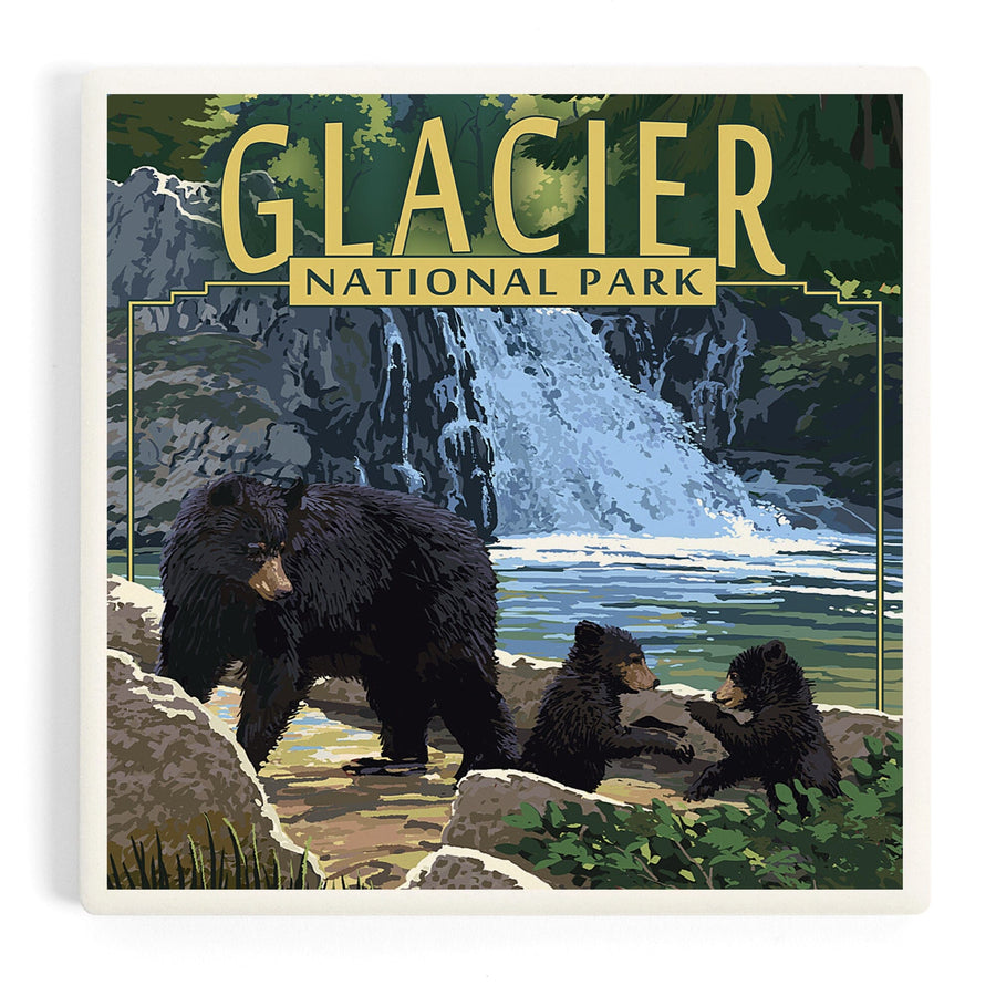 Glacier National Park, Bear Family and Waterfall, Coasters Coasters Lantern Press 