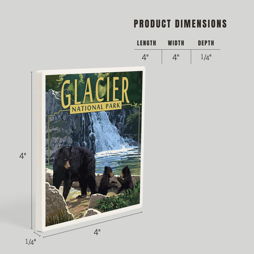 Glacier National Park, Bear Family and Waterfall, Coasters Coasters Lantern Press 