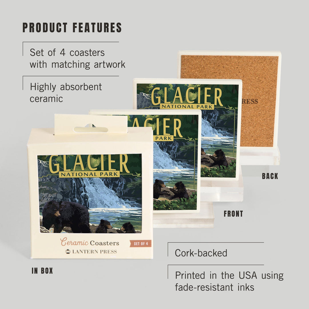 Glacier National Park, Bear Family and Waterfall, Coasters Coasters Lantern Press 