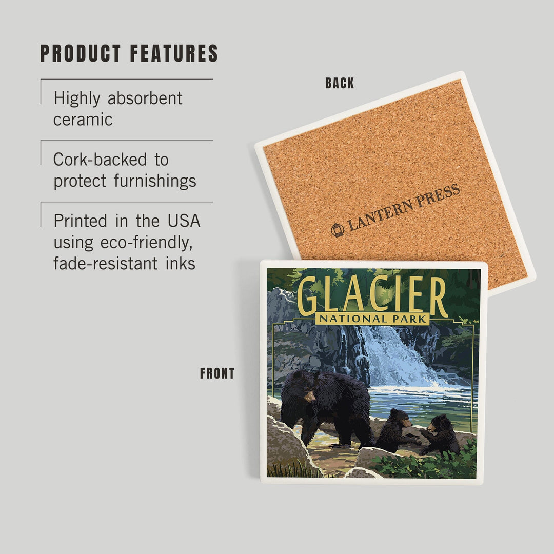 Glacier National Park, Bear Family and Waterfall, Coasters Coasters Lantern Press 