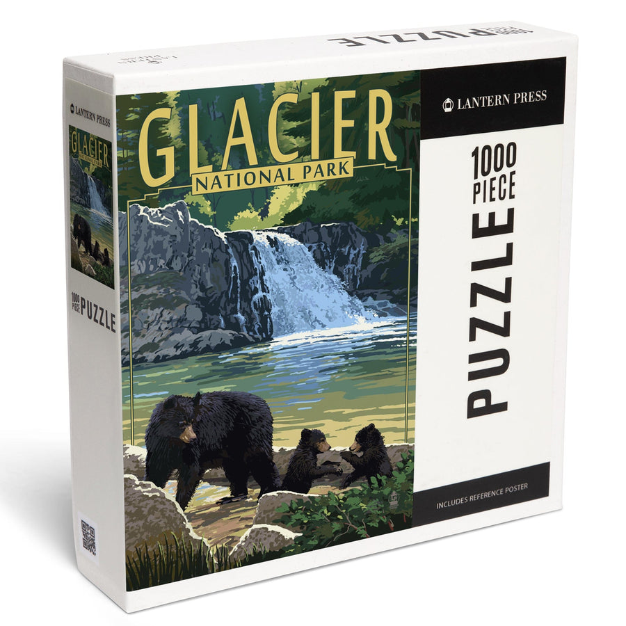 Glacier National Park, Bear Family and Waterfall, Jigsaw Puzzle Puzzle Lantern Press 