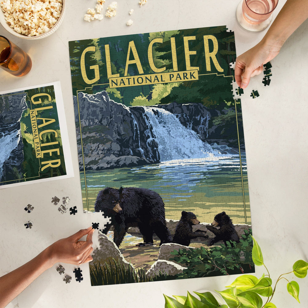 Glacier National Park, Bear Family and Waterfall, Jigsaw Puzzle Puzzle Lantern Press 