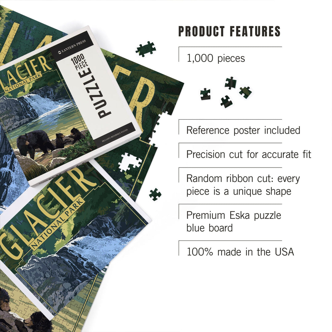 Glacier National Park, Bear Family and Waterfall, Jigsaw Puzzle Puzzle Lantern Press 