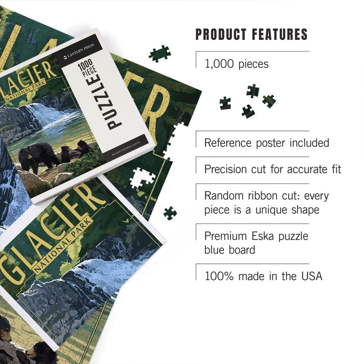 Glacier National Park, Bear Family and Waterfall, Jigsaw Puzzle Puzzle Lantern Press 