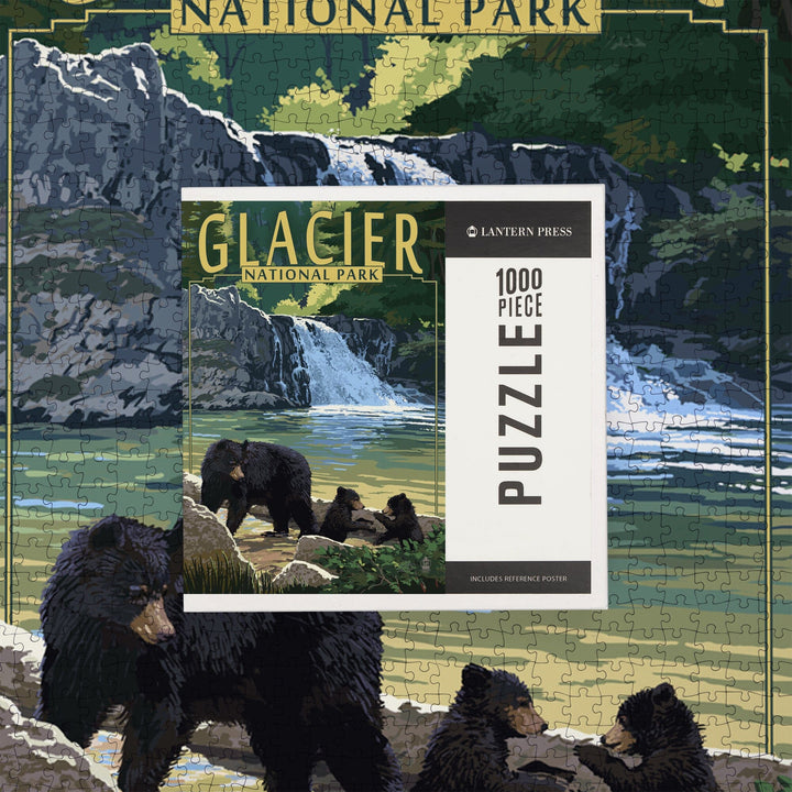 Glacier National Park, Bear Family and Waterfall, Jigsaw Puzzle Puzzle Lantern Press 