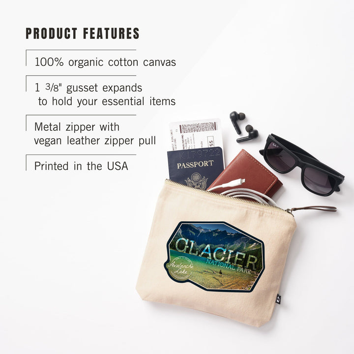 Glacier National Park, Montana, Avalanche Lake (Badge), , Photography, Organic Cotton Zipper Pouch, Go Bag Go Bag Lantern Press 