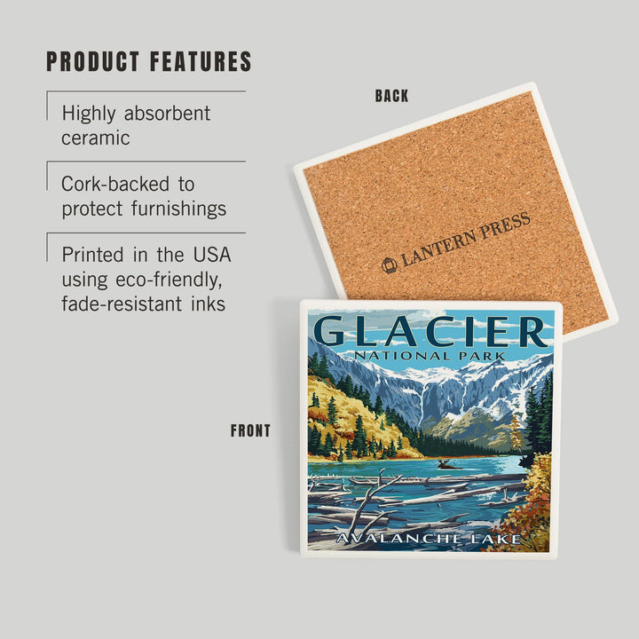 Glacier National Park, Montana, Avalanche Lake Illustration, Coasters Coasters Lantern Press 