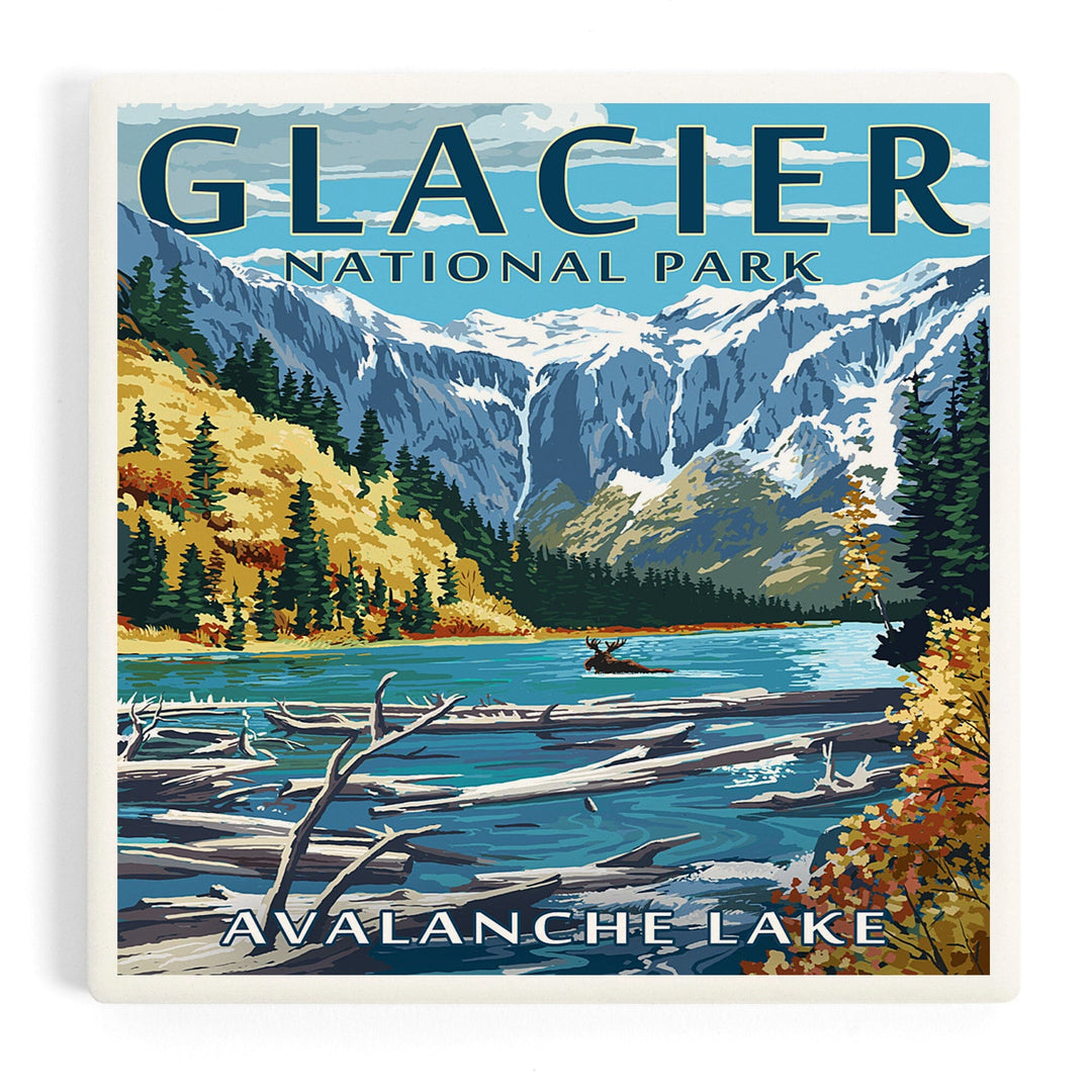 Glacier National Park, Montana, Avalanche Lake Illustration, Coasters Coasters Lantern Press 