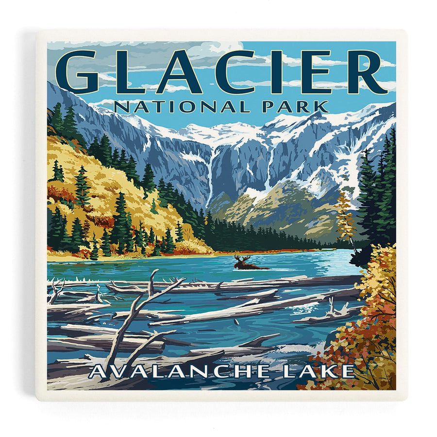 Glacier National Park, Montana, Avalanche Lake Illustration, Coasters Coasters Lantern Press 