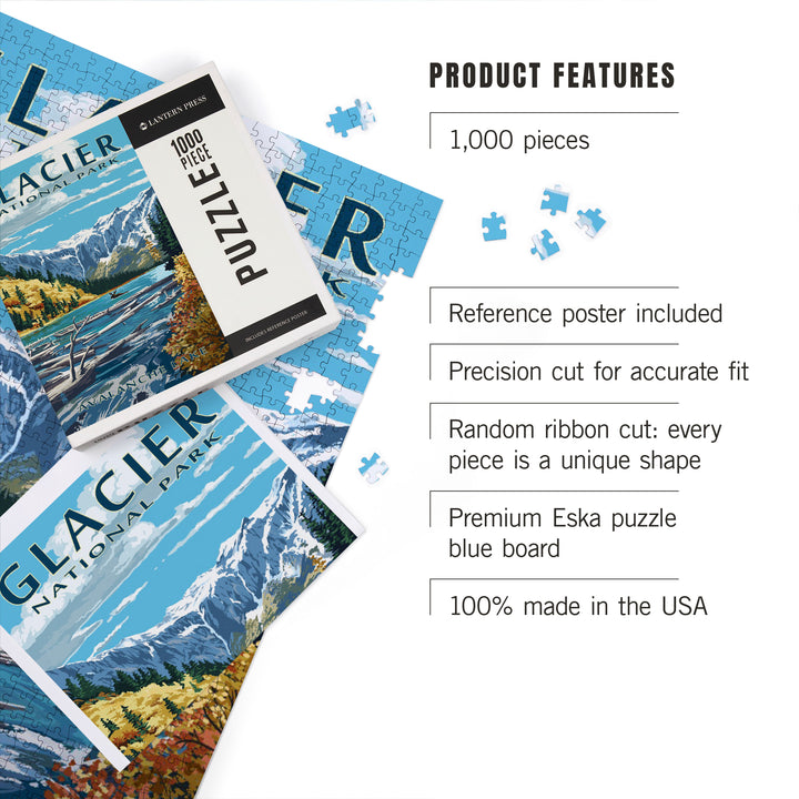 Glacier National Park, Montana, Avalanche Lake Illustration, Jigsaw Puzzle Puzzle Lantern Press 