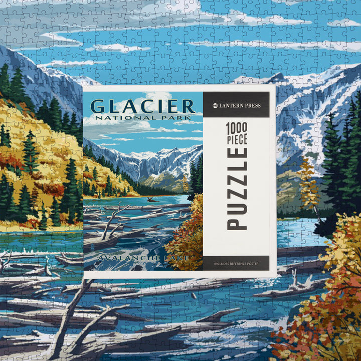 Glacier National Park, Montana, Avalanche Lake Illustration, Jigsaw Puzzle Puzzle Lantern Press 