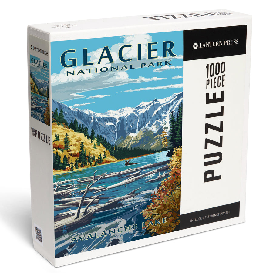 Glacier National Park, Montana, Avalanche Lake Illustration, Jigsaw Puzzle Puzzle Lantern Press 