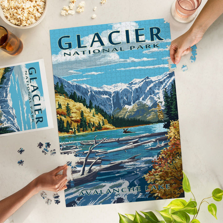 Glacier National Park, Montana, Avalanche Lake Illustration, Jigsaw Puzzle Puzzle Lantern Press 